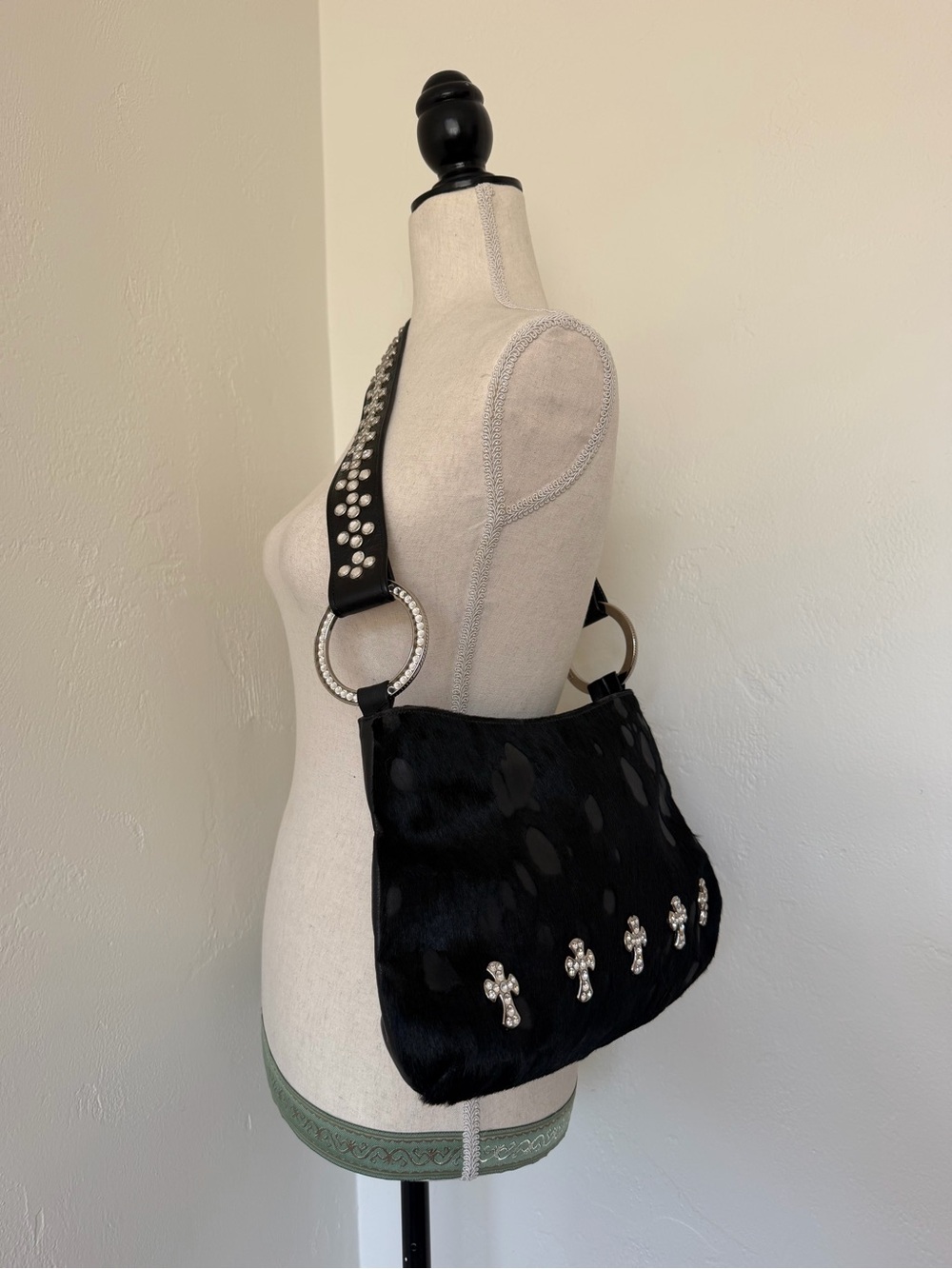 B.B. Simon Western Black Cowhide Haircalf Swarovski Crystal Shoulder Bag